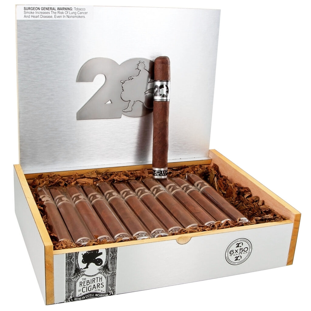 Aging Room Quattro Nicaragua 20th Anniversary cigars in an elegant silver box.