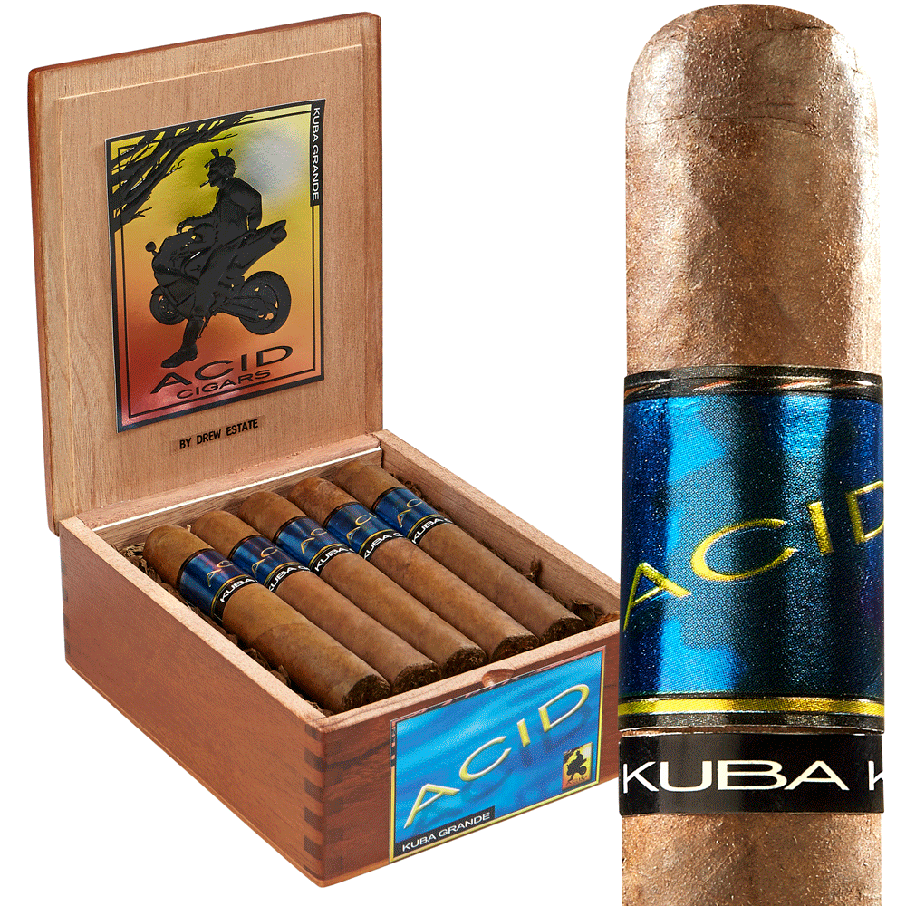 ACID Kuba Grande cigars by Drew Estate, vibrant blue label, wooden box.