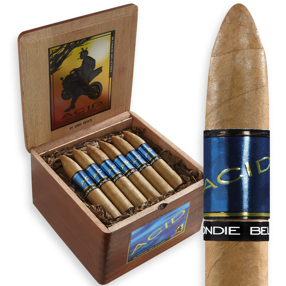 Acid Blondie Belicoso cigars by Drew Estate, bold and aromatic.