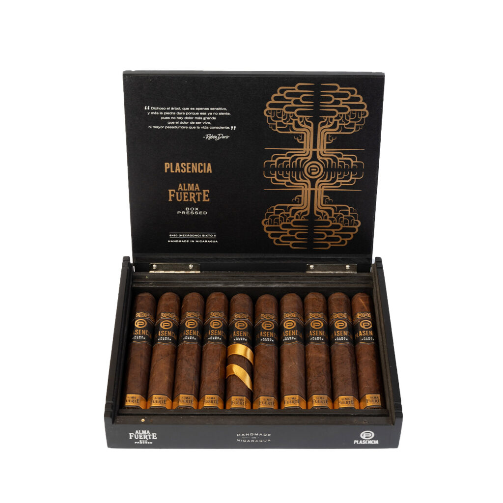 Plasencia Alma Fuerte box-pressed luxury cigars in elegant black packaging.