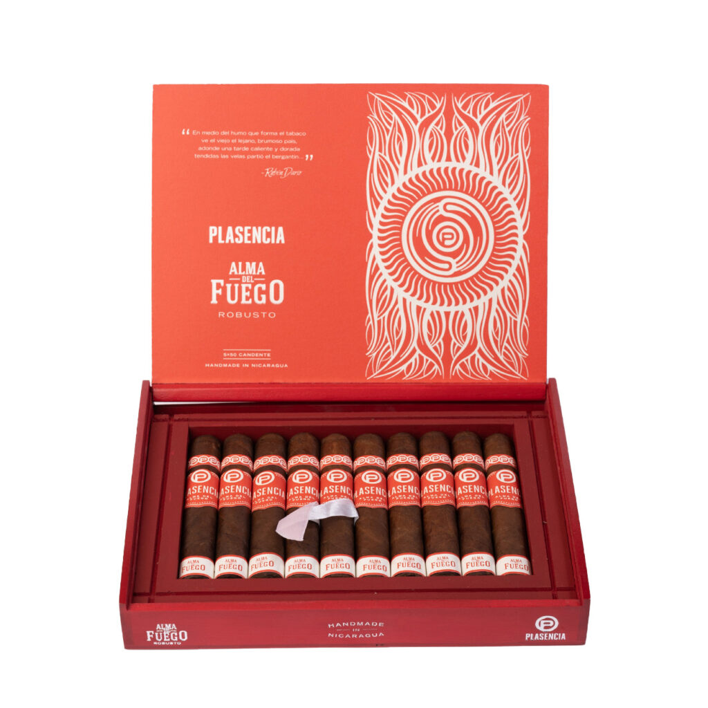 Plasencia Alma del Fuego Robusto cigars in striking red packaging.
