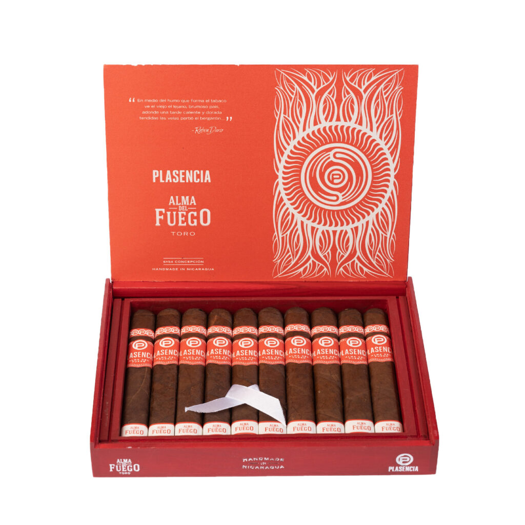 Plasencia Alma del Fuego Toro, premium Nicaraguan cigars in vibrant box.