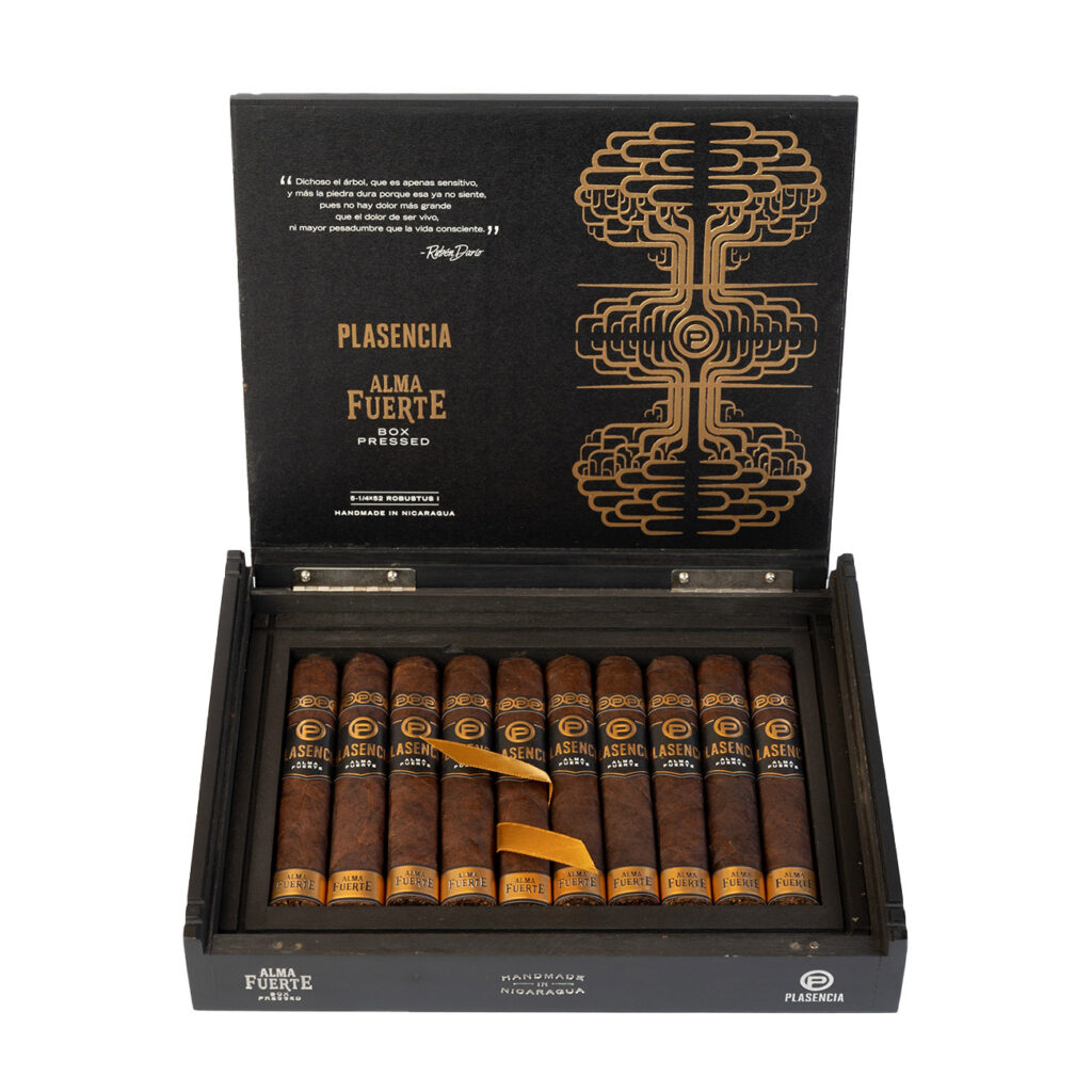 Plasencia Alma Fuerte box-pressed cigars in elegant black and gold packaging.
