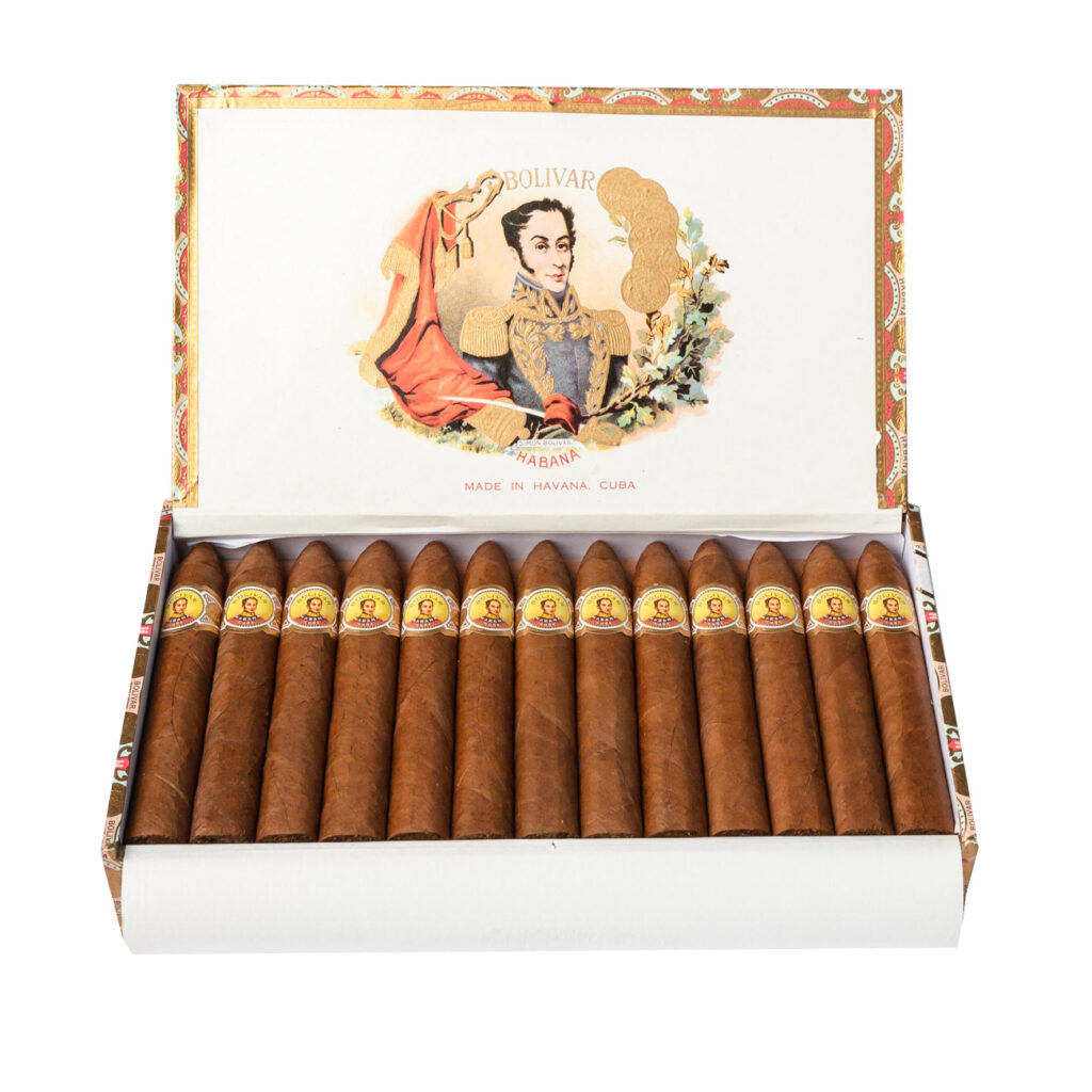 Bolivar Belicosos Finos cigars, luxury presentation in decorative box.