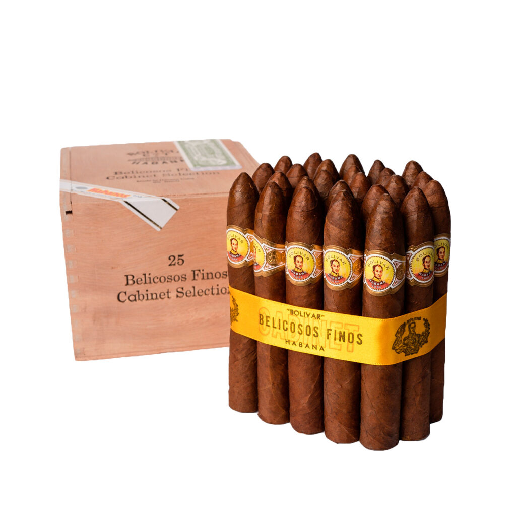 Bolivar Belicosos Finos cigars in a wooden box display.