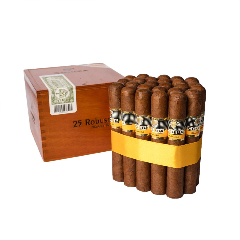 Cohiba Robustos cigars in elegant wooden box with yellow ribbon.