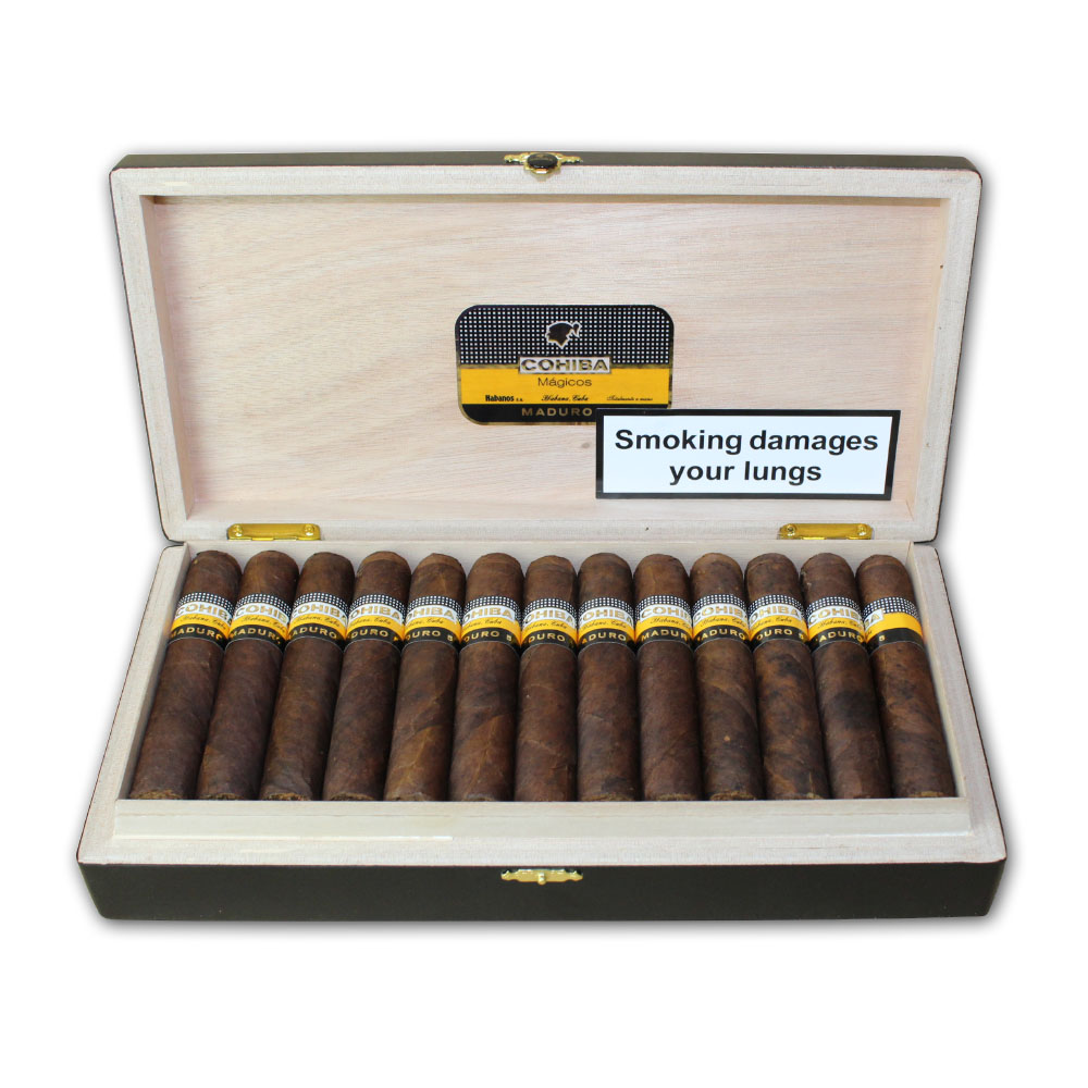 Cohiba Mágicos Maduro cigars in an elegant wooden box.