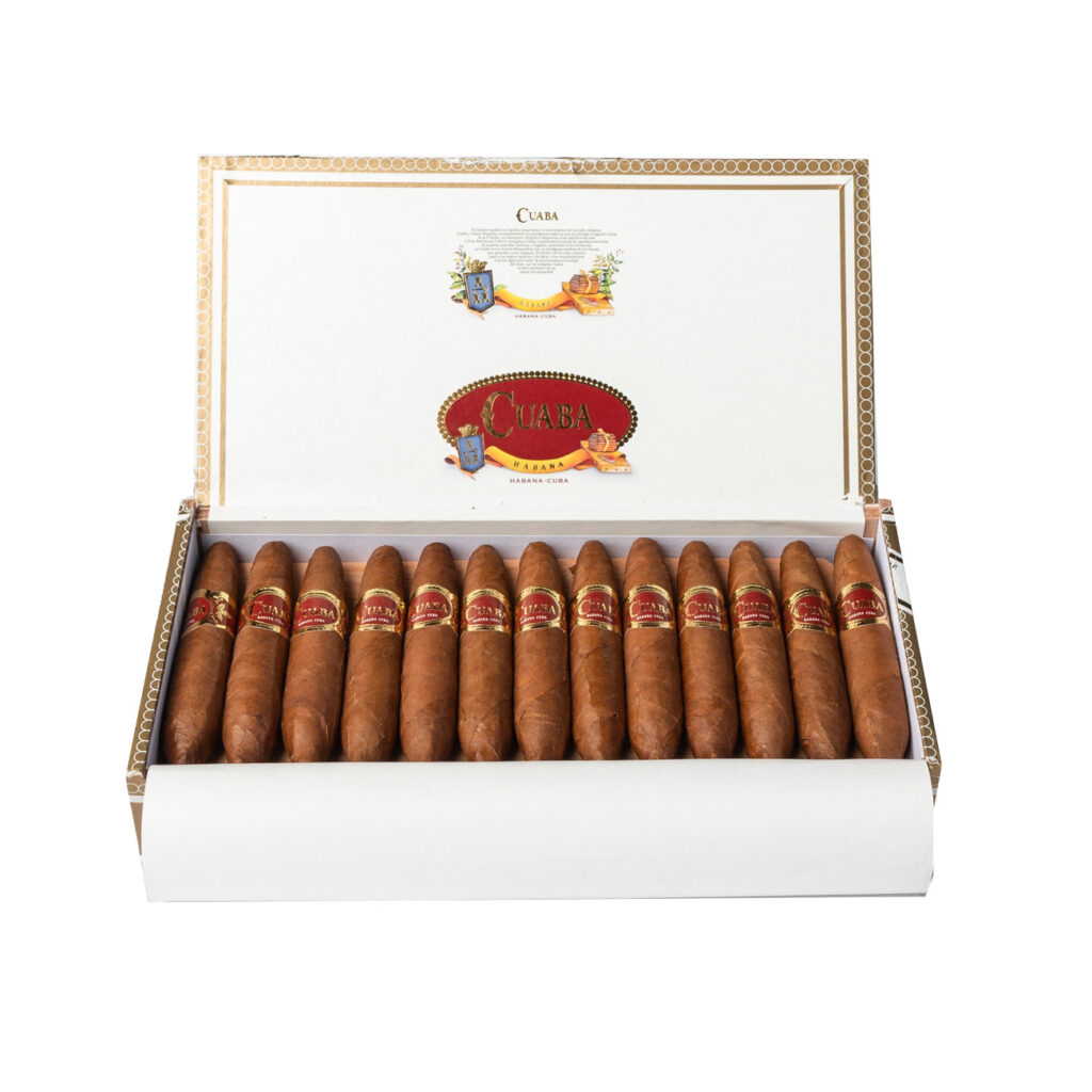 Cuaba cigars in an elegant, open presentation box.