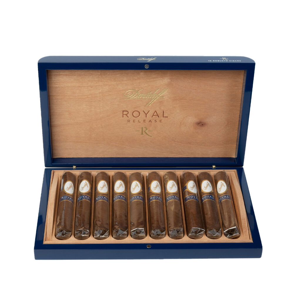 Davidoff Royal Release robusto cigars in elegant blue box.