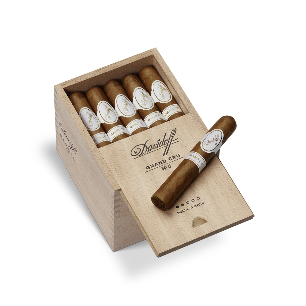 Davidoff Grand Cru No. 5 cigars in elegant wooden box.