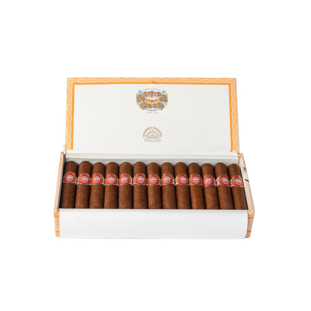 H. Upmann cigars in an elegant open box with decorative branding.