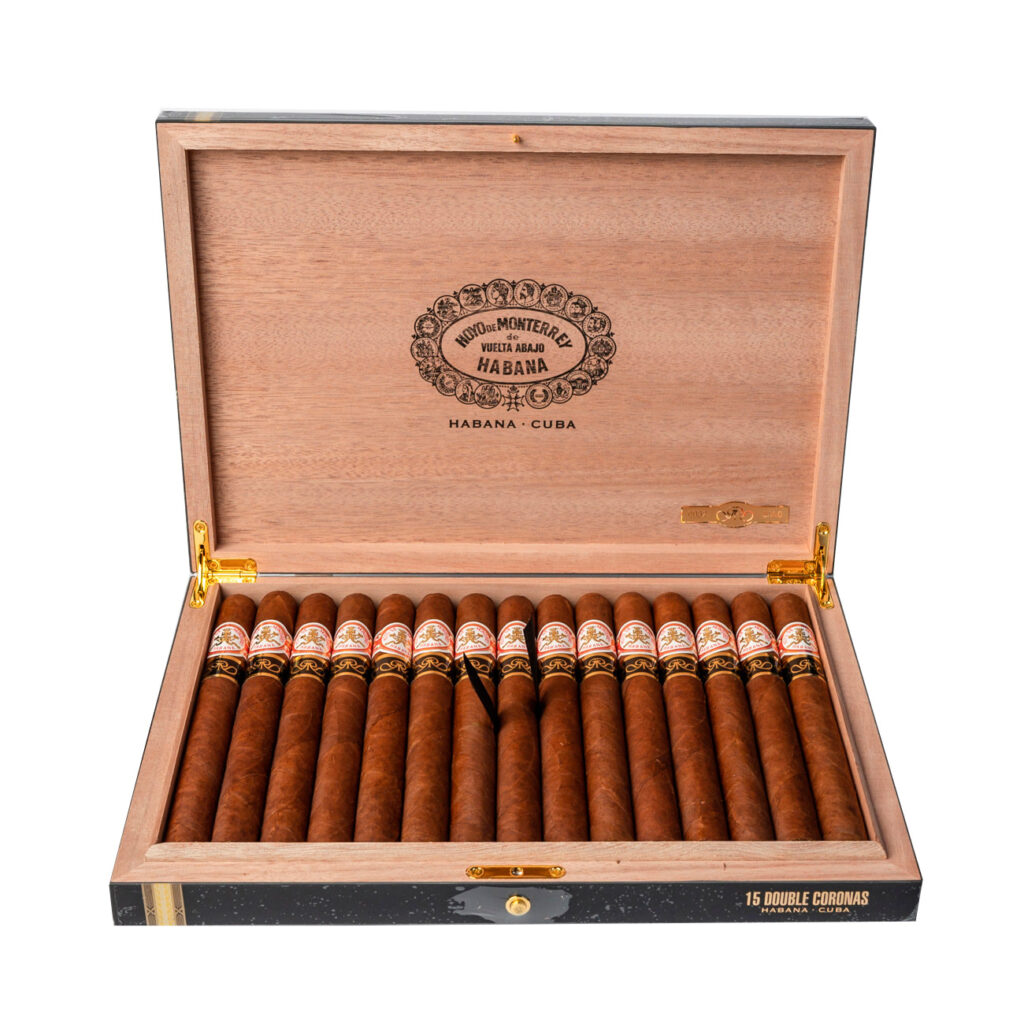 Hoyo de Monterrey Double Coronas, elegant Cuban cigars in luxury wooden box.