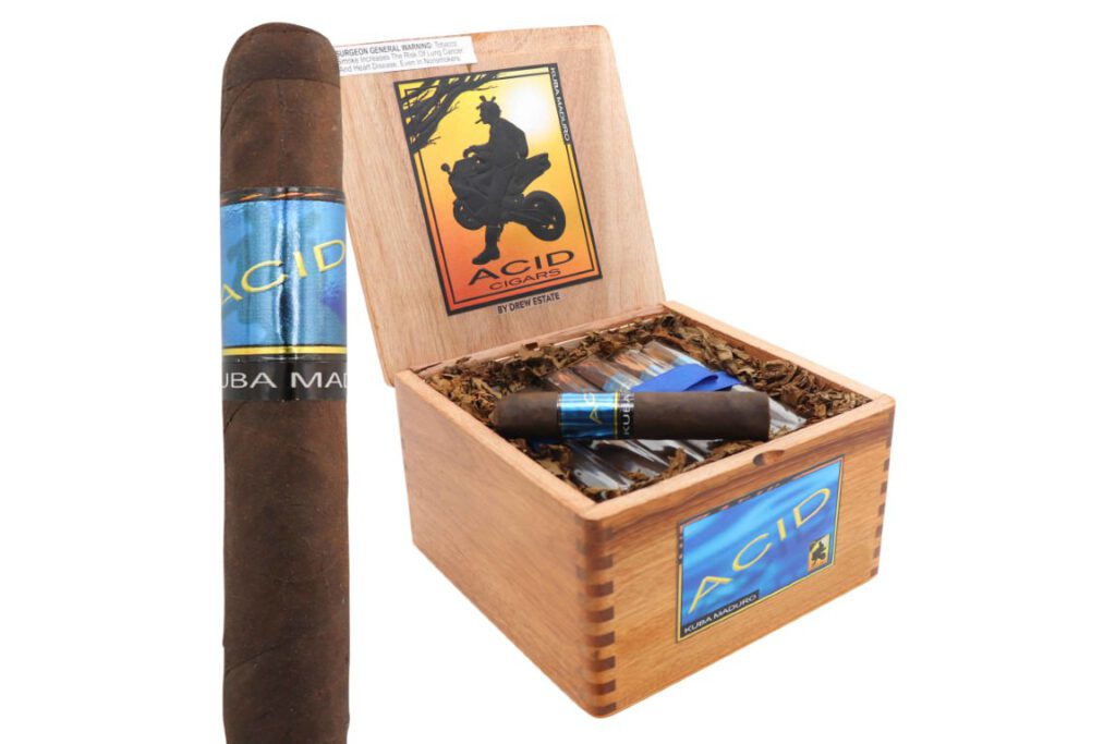 Acid Kuba Maduro cigars by Drew Estate in wooden box.