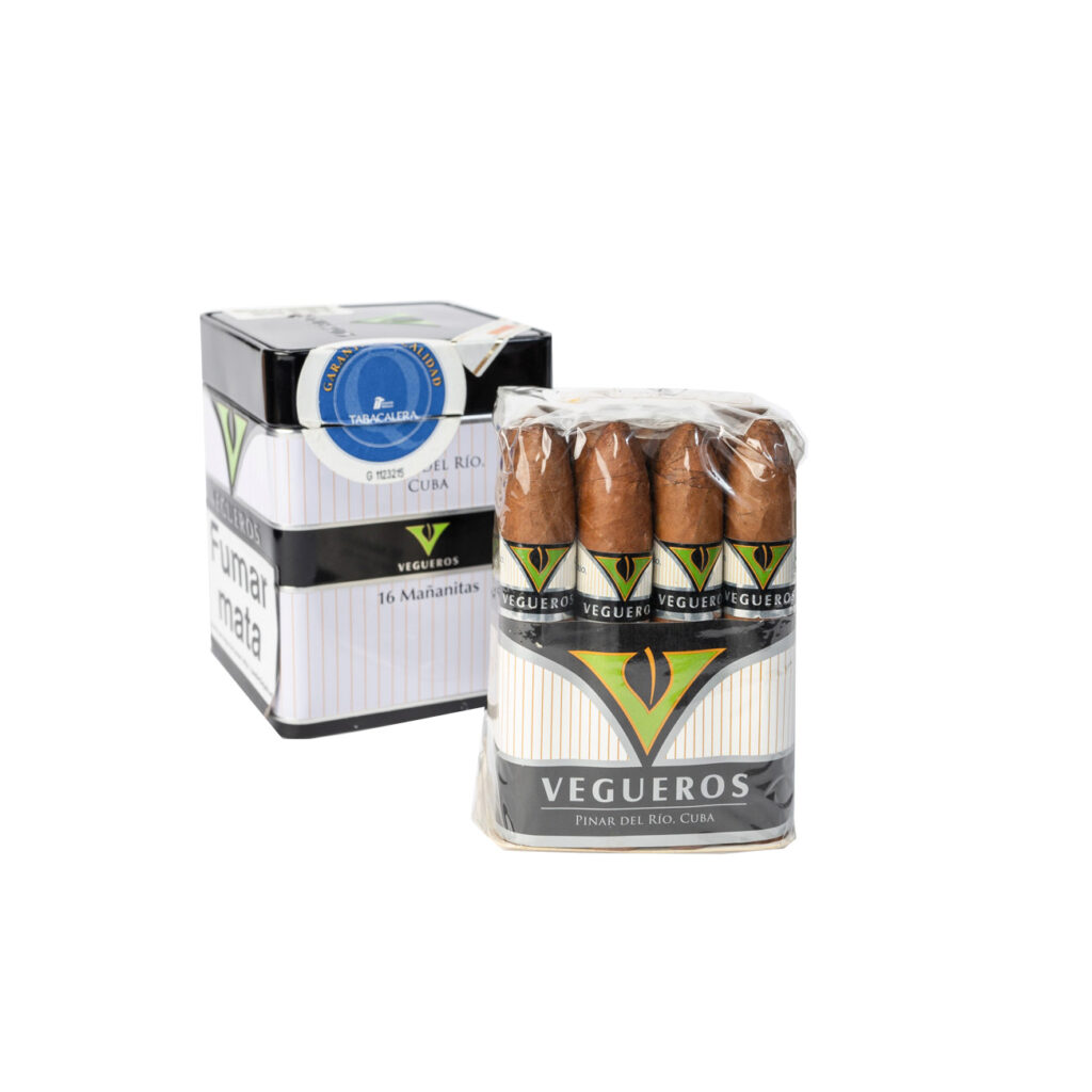 Vegueros Cuban cigars in sleek, modern packaging with a bold design.