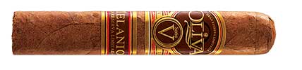 Oliva Serie V Melanio, box-pressed cigar with elegant gold and red band.