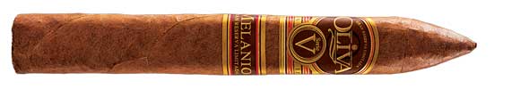 Oliva Melanio cigar with rich, elegant branding and tapered shape.