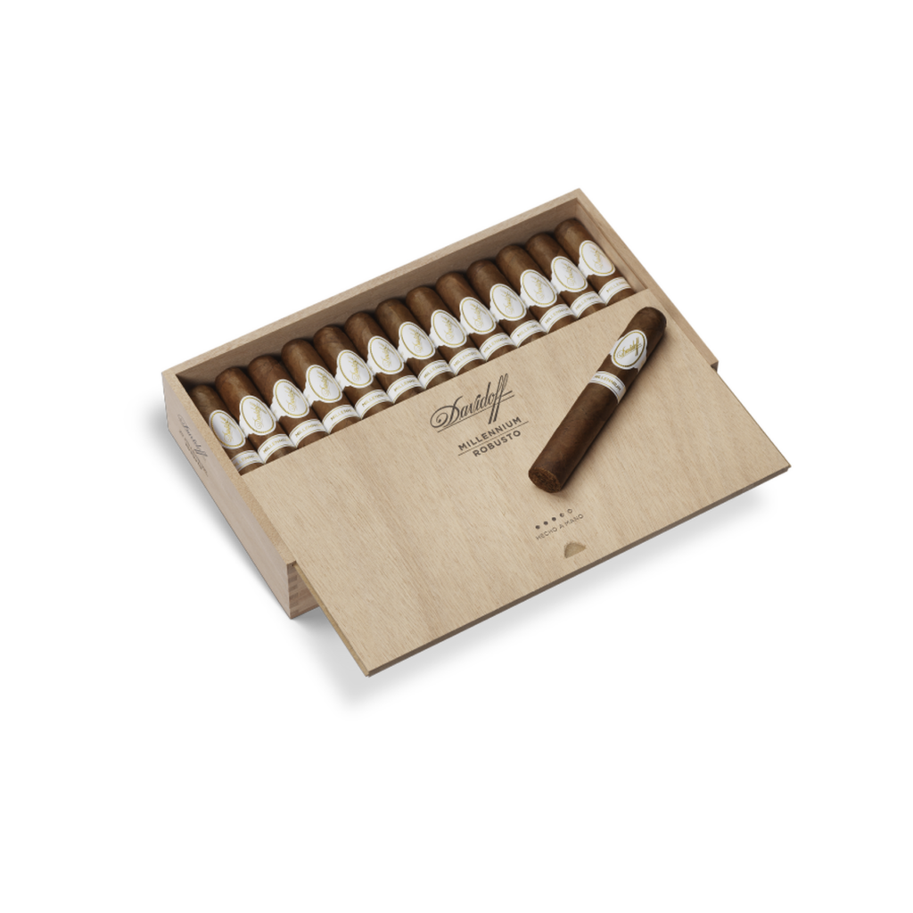 Davidoff Millennium Robusto cigars in an elegant wooden box.