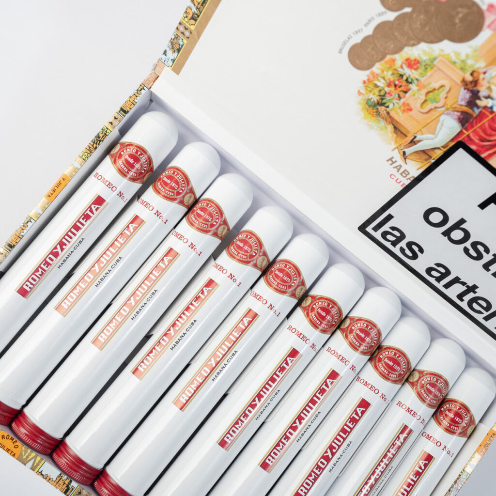 Romeo y Julieta No. 1 cigars in white tubes, classic and elegant presentation.
