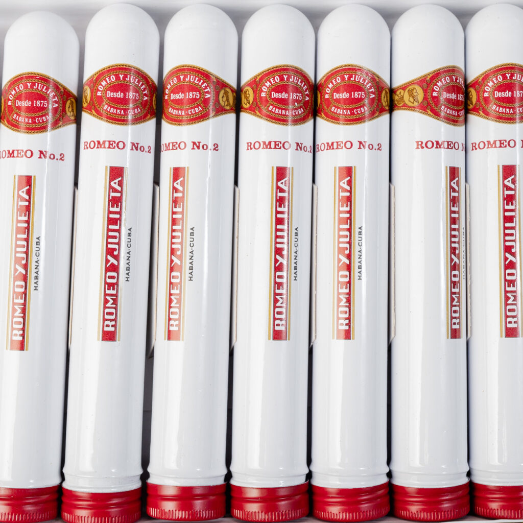 Romeo y Julieta No. 2 cigars, elegant white tubes.