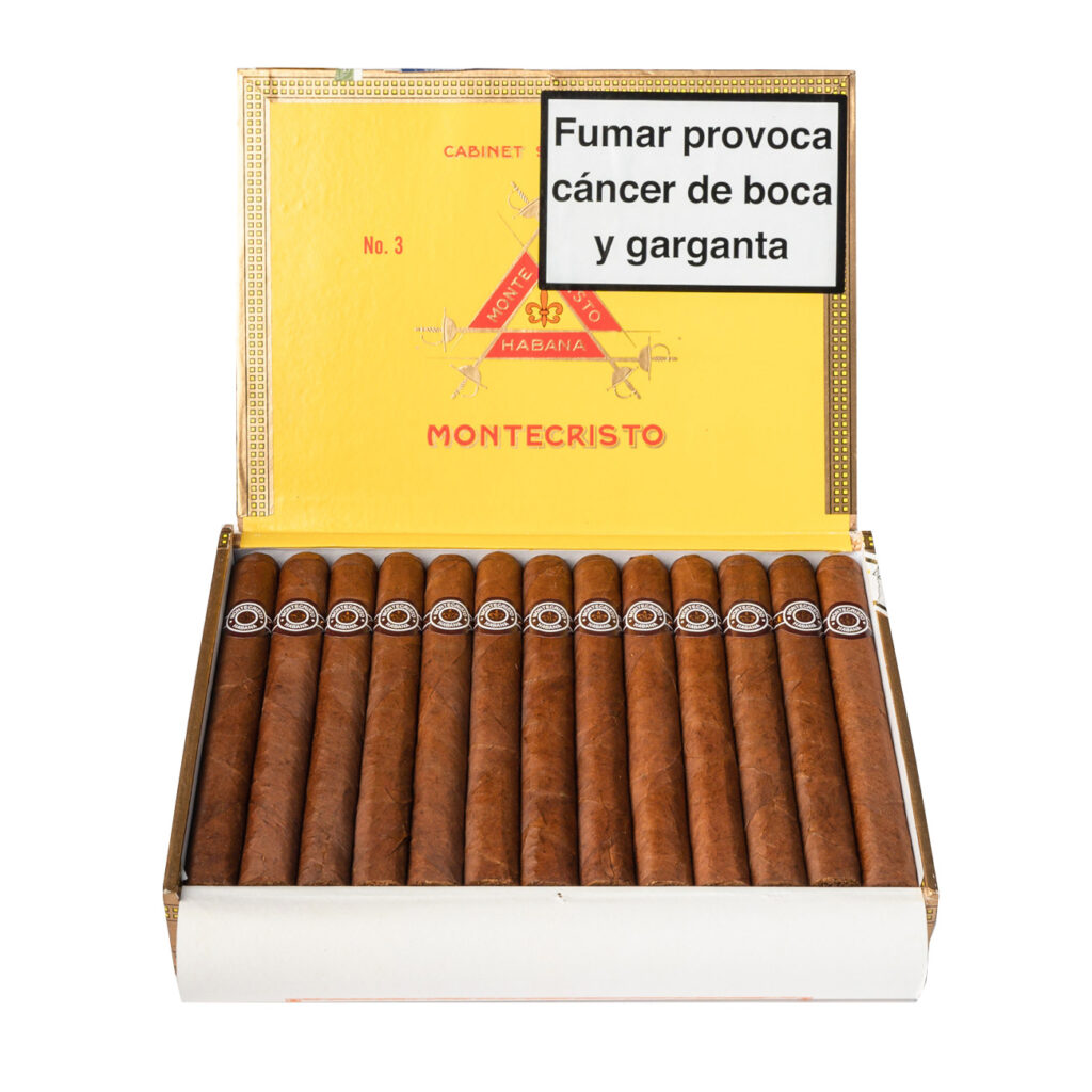 Montecristo No. 3 cigars in a classic yellow box.