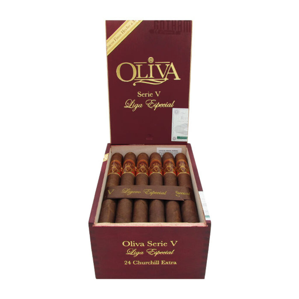 Oliva Serie V Liga Especial Churchill Extra, elegant premium cigar presentation.