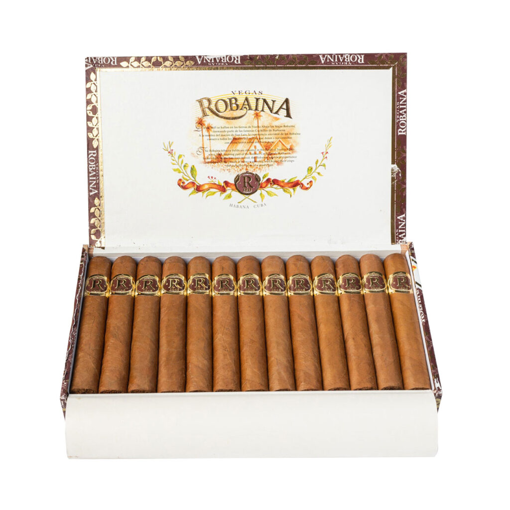 Vegas Robaina cigars in an open white box, elegant presentation.