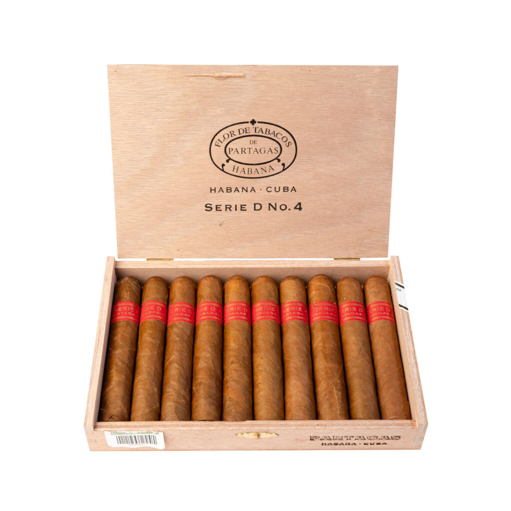 Partagas Serie D No. 4 Cuban cigars in a classic wooden box.
