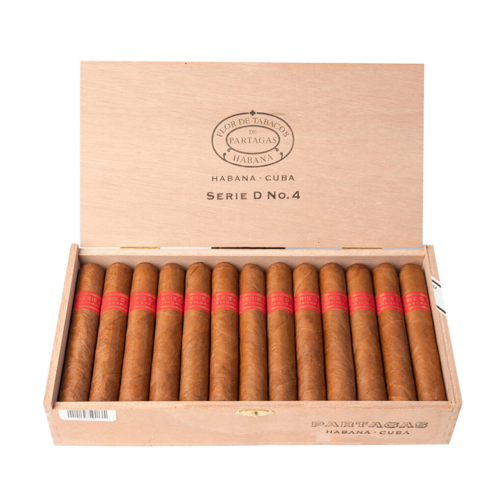 Partagás Serie D No. 4, premium Cuban cigars in a wooden box.