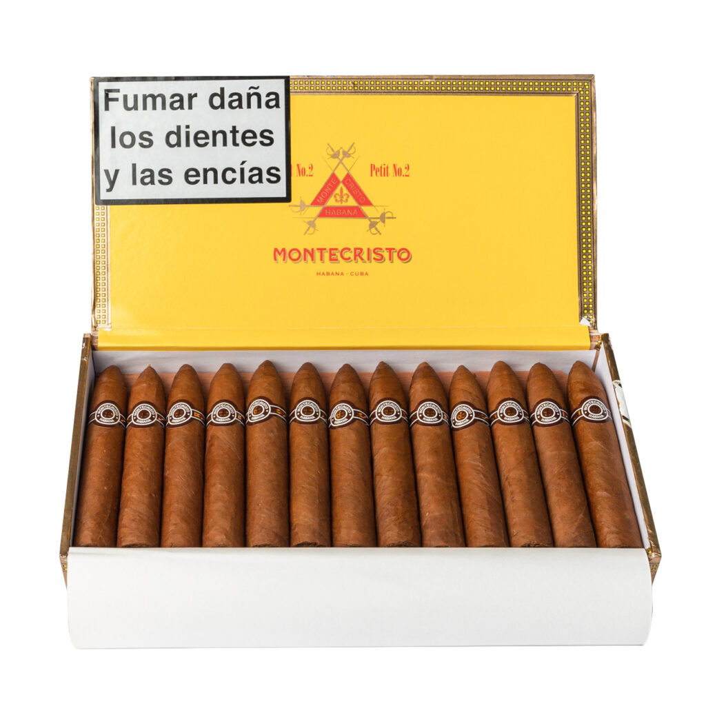 Montecristo Petit No. 2 cigars in branded yellow box.