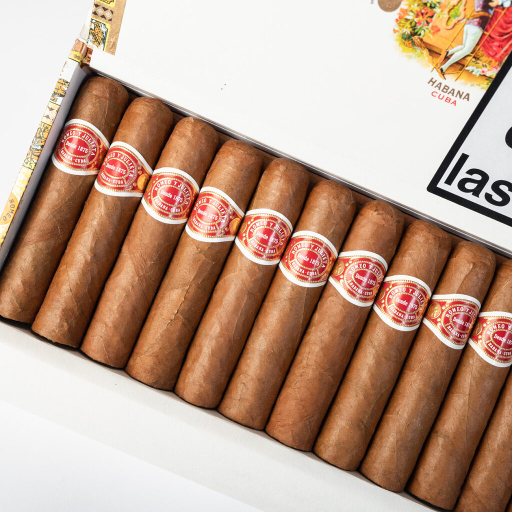 Romeo y Julieta cigars, classic Cuban elegance in red and white packaging.
