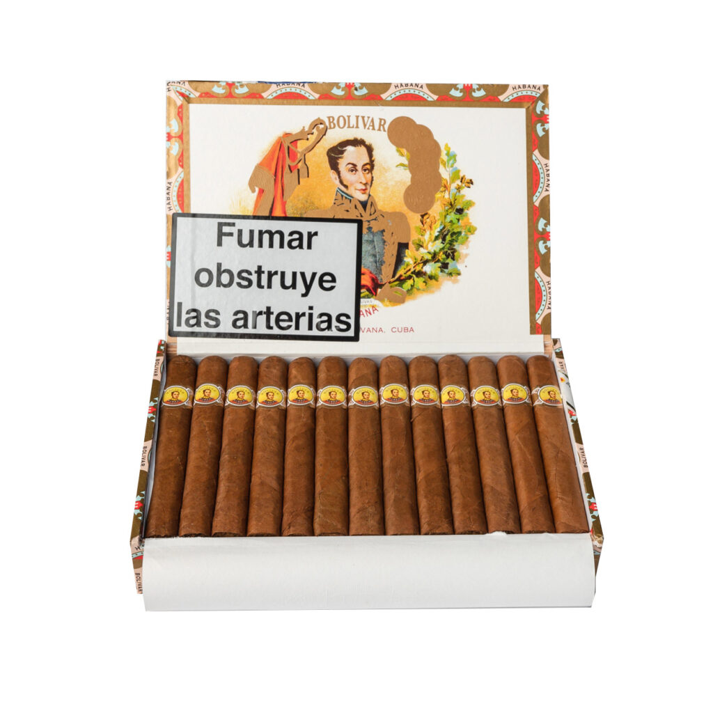 Bolivar Cuban cigars in ornate box.