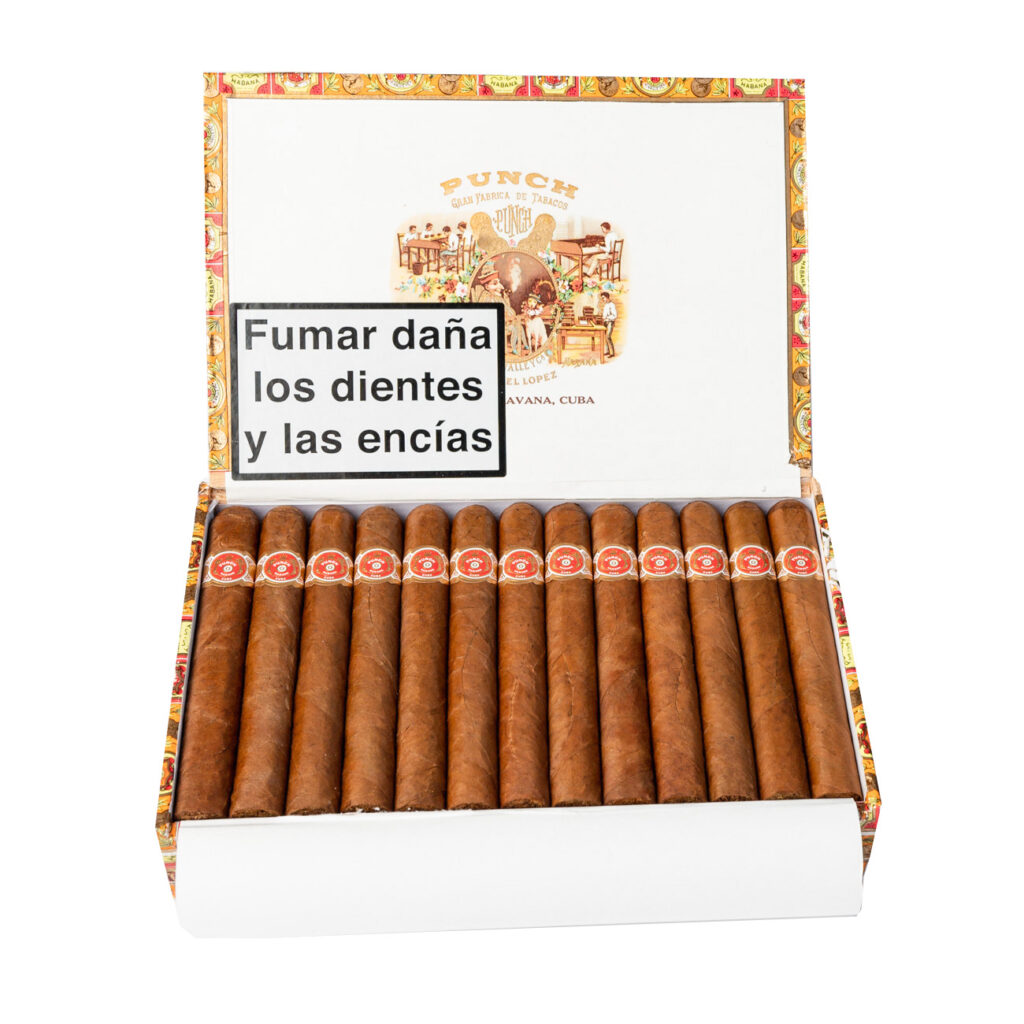 Punch cigars in an elegant, colorful box with branding details.