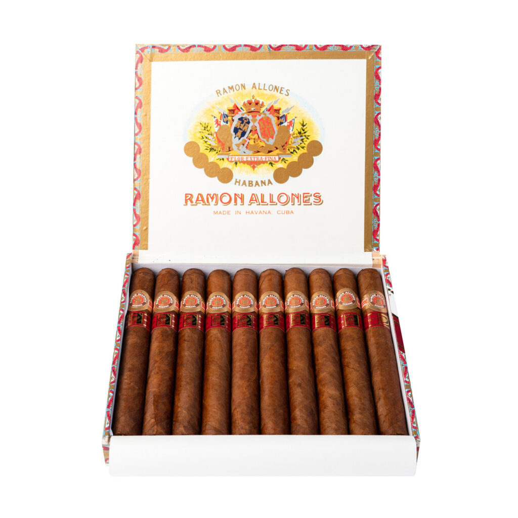 Ramon Allones cigars, Cuban, elegant packaging with rich colors.