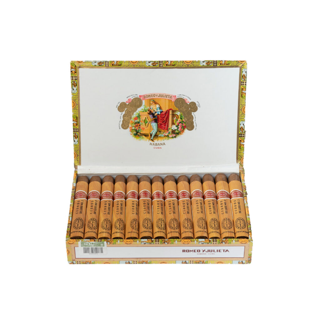 Romeo y Julieta Cuban cigars in a decorative open box.