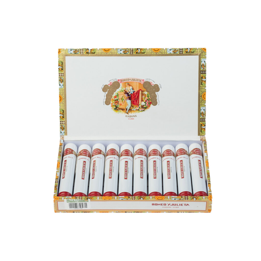 Romeo y Julieta cigars in elegant white tubes with red accents.