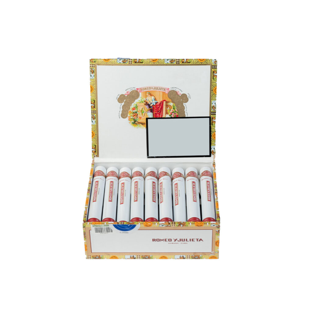 Romeo y Julieta cigars in decorative box with vibrant design and branding.