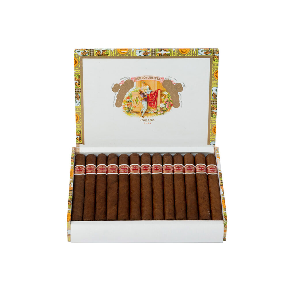 Romeo y Julieta cigars in an elegant, open presentation box.
