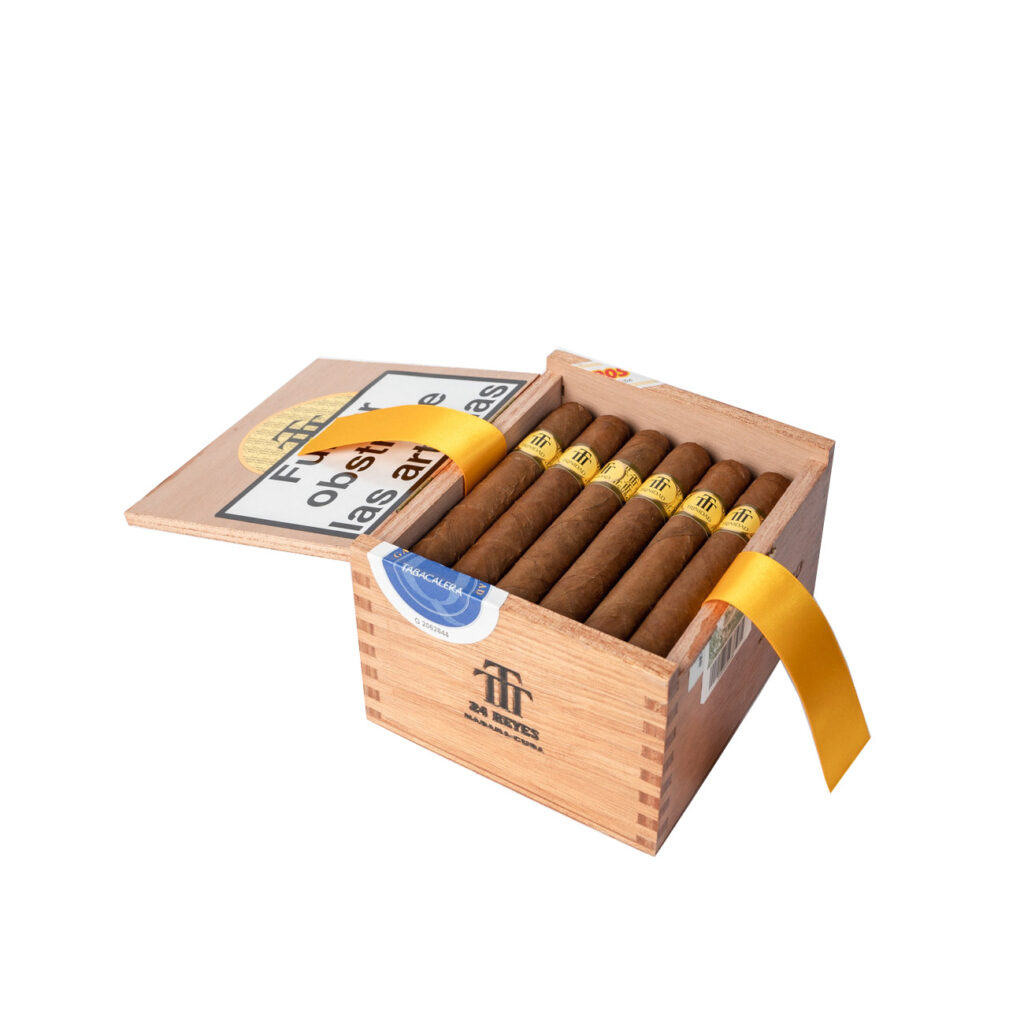 Trinidad Robusto cigars in elegant wooden box with yellow ribbon.