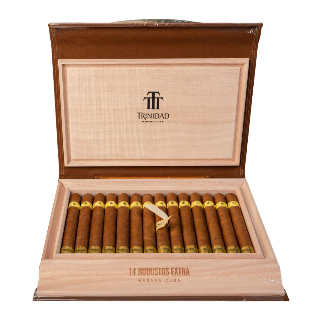 Trinidad Robustos Extra cigars in an elegant wooden box.