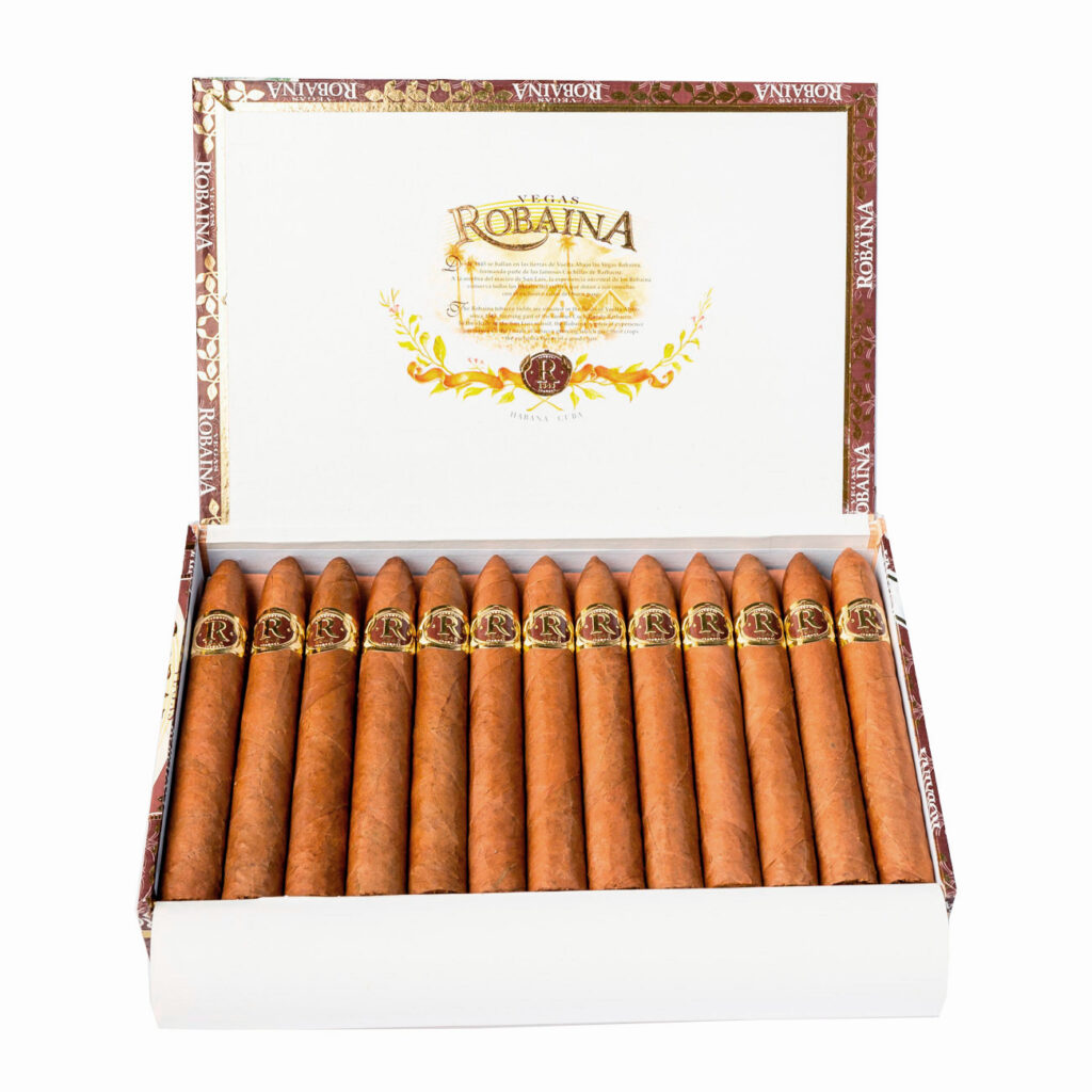 Vegas Robaina premium cigars in elegant open box.