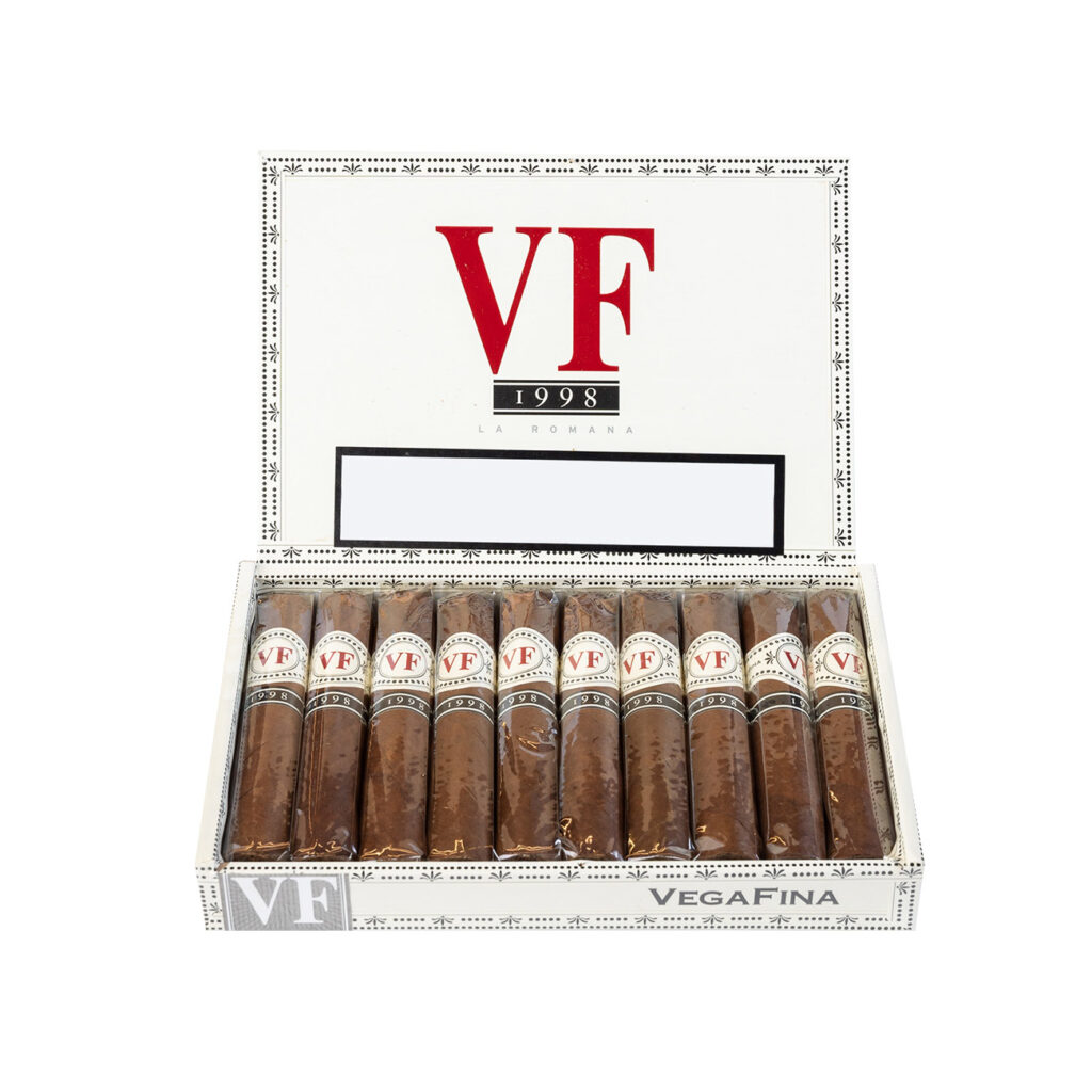 Vegafina 1998 cigars in elegant white and red packaging.
