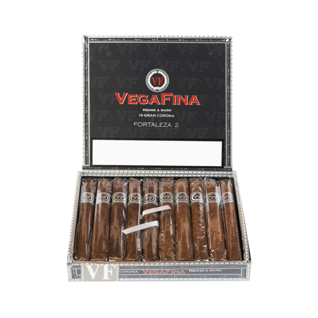 Vegafina Fortaleza 2 Gran Corona cigars in elegant open box.