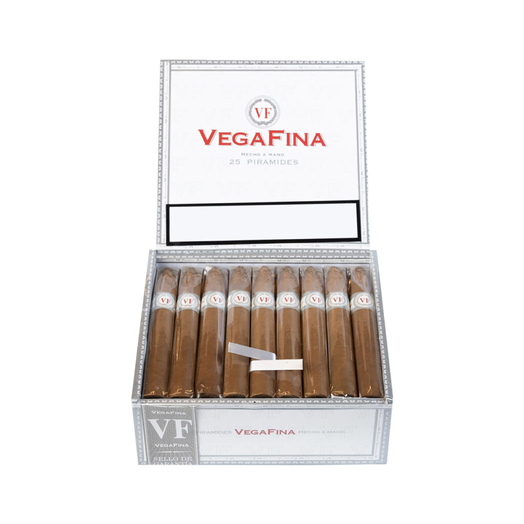 Vegafina Piramides handmade cigars in a sleek white box.