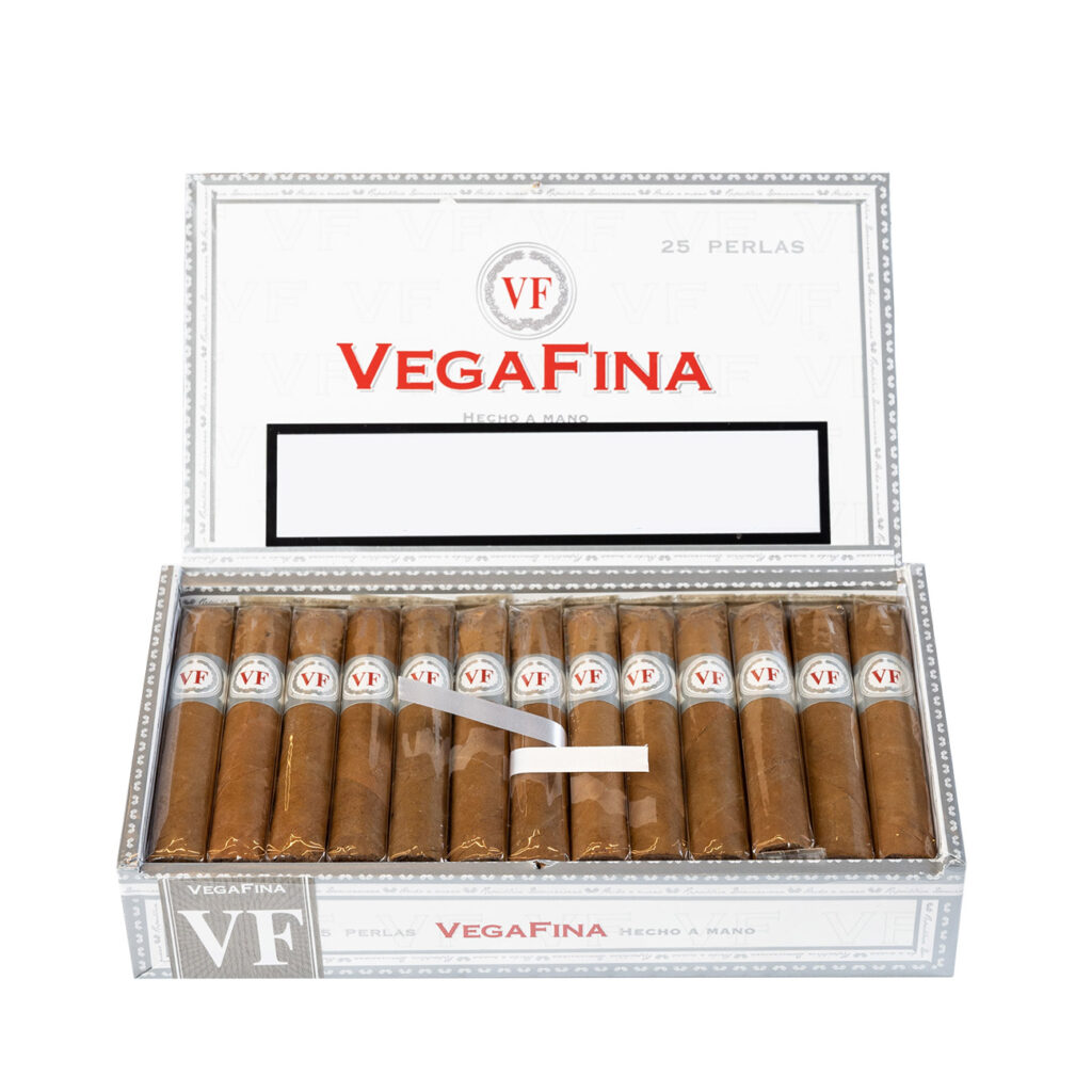 Vegafina Perlas hand-rolled cigars, elegant presentation in white packaging.