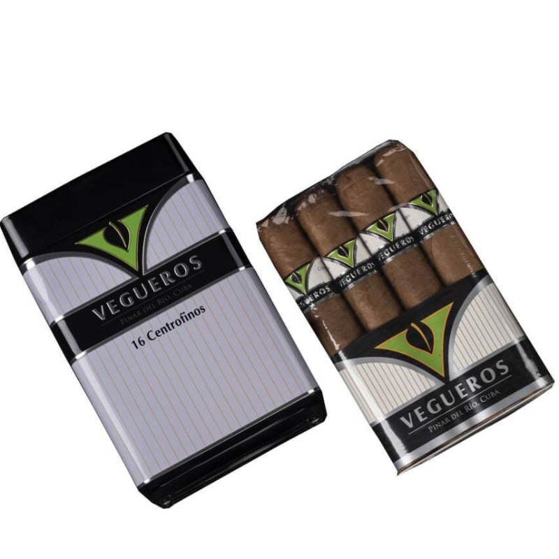 Vegueros Centrofinos Cigars, sleek packaging, traditional Cuban feel.