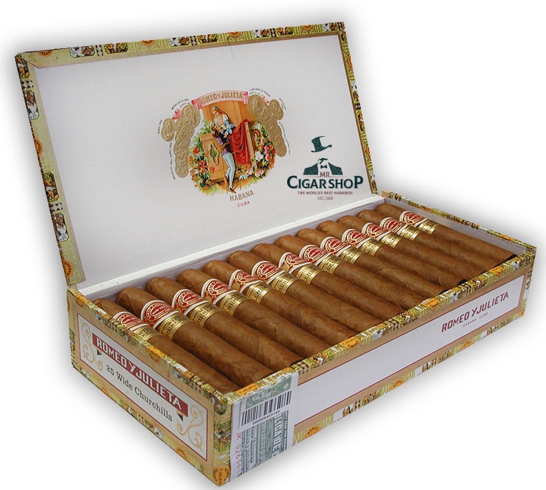 Romeo y Julieta Wide Churchills in an ornate open box.