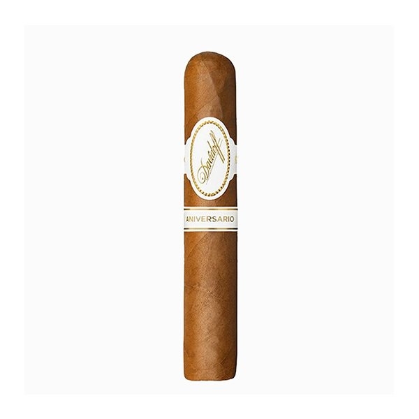 Davidoff Aniversario smooth, elegant brown cigar with a white and gold band.