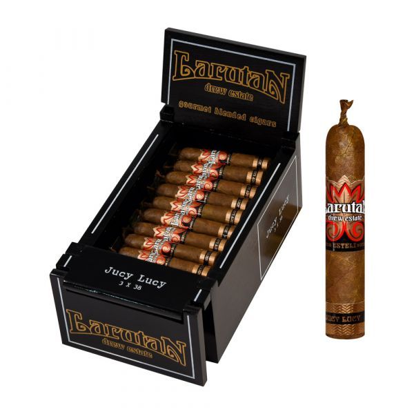 Drew Estate Larutan Jucy Lucy; gourmet blended cigars in sleek black packaging.