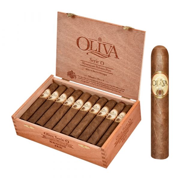 Oliva Serie O Nicaraguan Habano cigars in a wooden box.