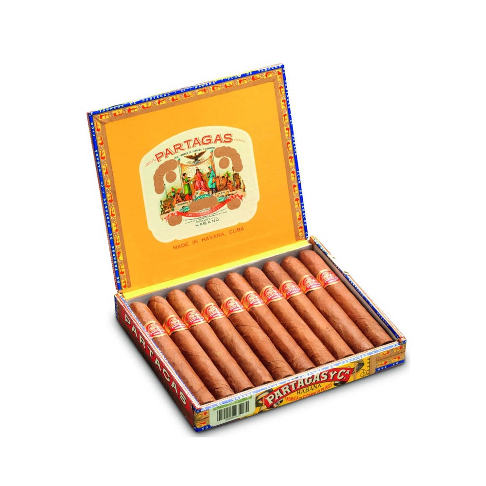 Partagas cigars in colorful open box with classic Havana branding.